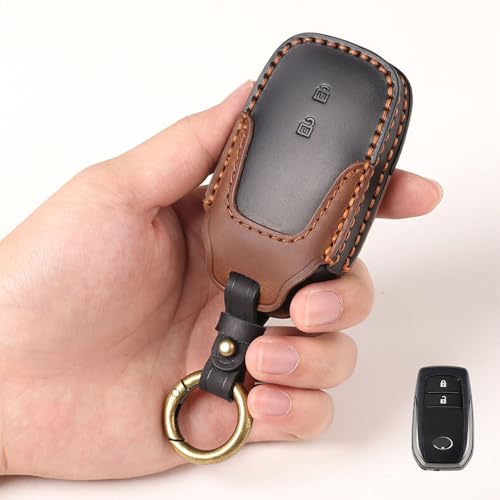 Keyzone Dual Leather Key Cover for Toyota Innova Crysta, Innova HyCross, Hilux 2 Button smart Key (Black-Brown) - Image 1
