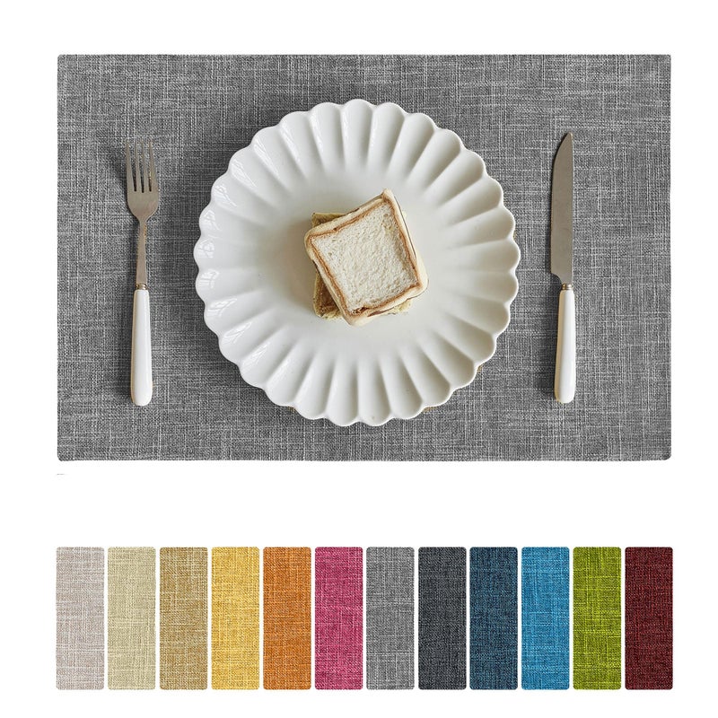 Softalker Faux Linen Placemats Set of 6-12 x 18 Inch, Heat Resistant Double Layered Durable Burlap Farmhouse Place Mats, Non-Slip Washable Rustic Table Mats for Dining, Kitchen, Partyï¼ˆLight Grey - Image 1