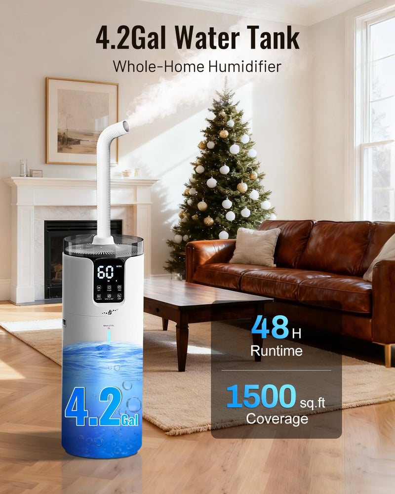 Lacidoll Humidifier large room 16L/4.2Gal - Lacidoll Whole house Humidifier for Home1500 sq.ft. Ultrasonic Cool Mist Humidifiers for Bedroom with Extension Tube & Aroma Box & Night light, White - Image 2
