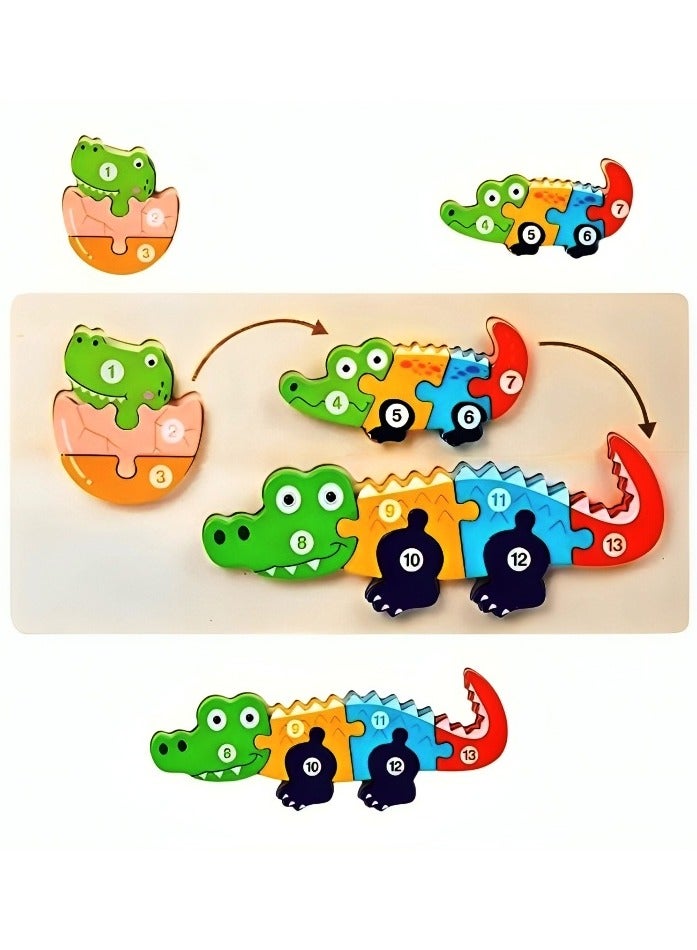 ألغاز خشبية ثلاثية الأبعاد مصممة لتعليم دورة حياة الحيوانات للأطفال، أدوات دعم التعليم المبكر للآباء والمعلمين، ألوان وأنماط جذابة، صممت لتنمية المهارات الحركية من مونتيسوري، هدايا رائعة  (شكل تمساح) - Image 1