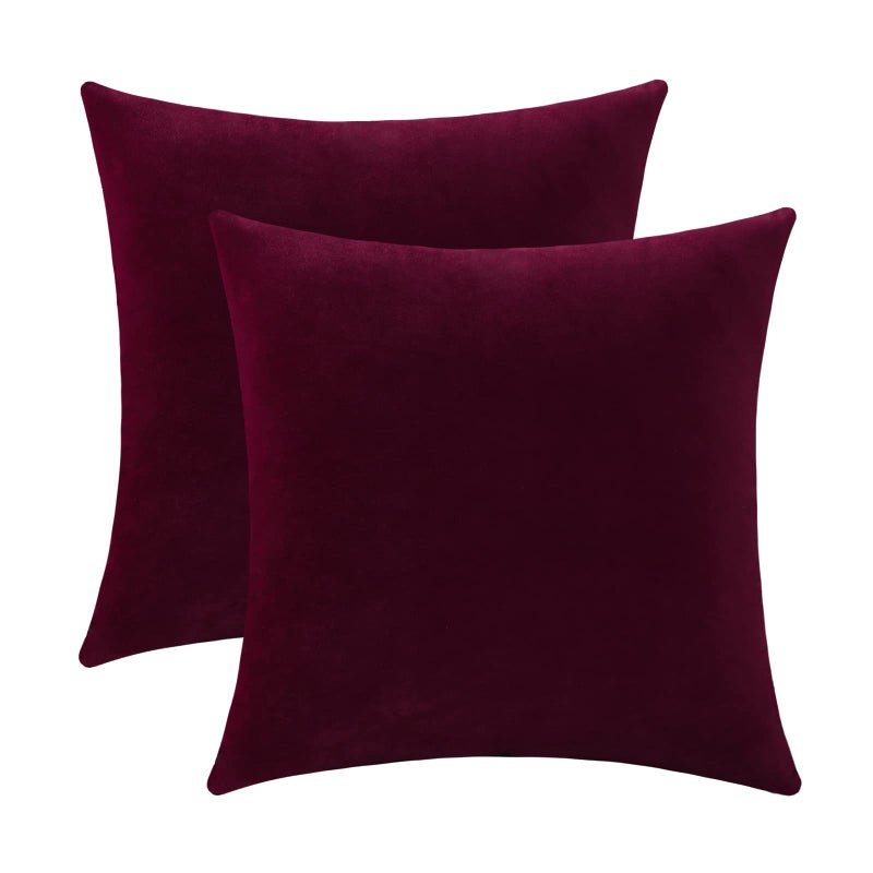 Jeneoo Set of 2 Comfy Soft Thick Velvet Throw Pillow Covers for Sofa Couch Decorative Solid Square Cushion Cases for Bedroom Car 20 x 20 Inches Burgundy Red