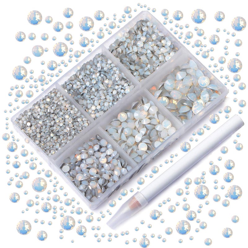 AD Beads 4300 Pieces Flat Back Nail Art Rhinestones Round Beads 6 Sizes 265mm with Storage Organizer BoxRhinestones Picking Pen for Nail Art Phone Decorations Crafts DIY Opal White