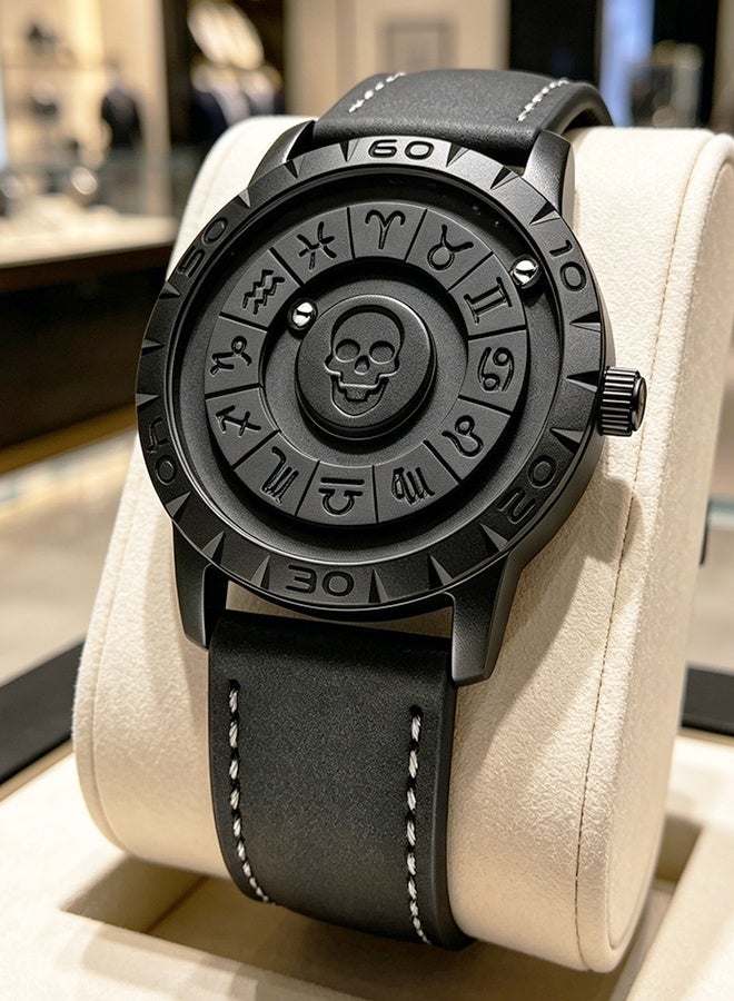 FOXBOX Fashion Creative Quartz Wristwatches For Men Magnetic Levitation Scrolling Beads Design Mens Watch Leather Strap Waterproof Sports Luxury Watches Men Black - Image 1
