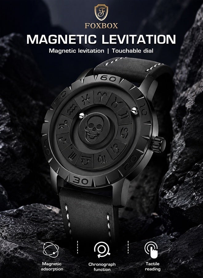 FOXBOX Fashion Creative Quartz Wristwatches For Men Magnetic Levitation Scrolling Beads Design Mens Watch Leather Strap Waterproof Sports Luxury Watches Men Black - Image 4