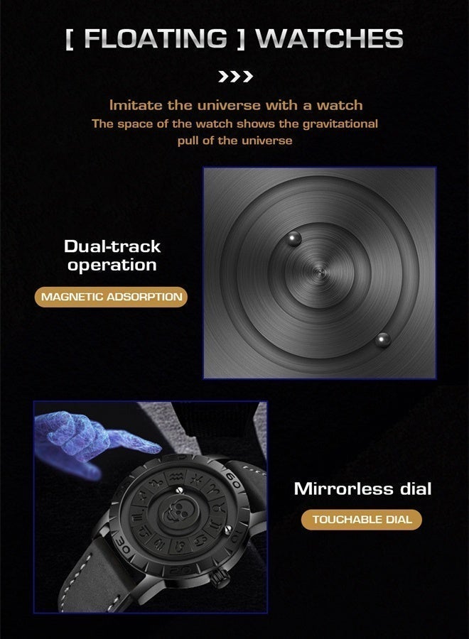 FOXBOX Fashion Creative Quartz Wristwatches For Men Magnetic Levitation Scrolling Beads Design Mens Watch Leather Strap Waterproof Sports Luxury Watches Men Black - Image 5