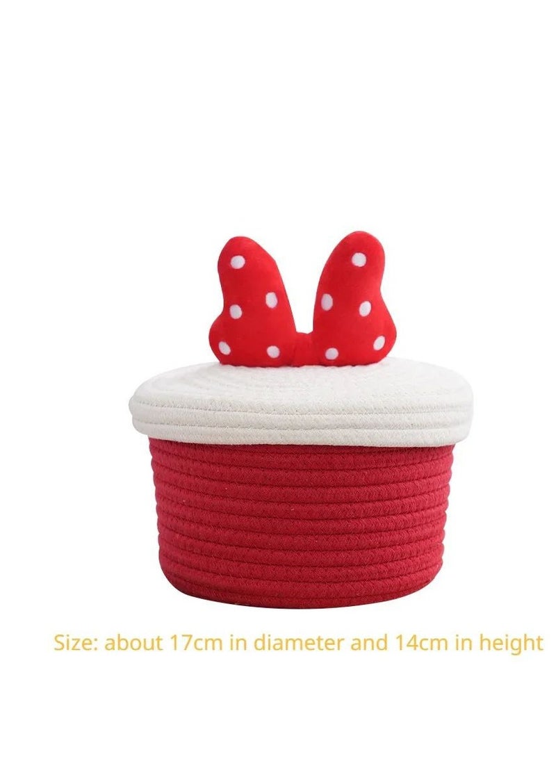 Small Cotton Rope Basket Woven with Fionka on Cover (White * Red)  - Image 1