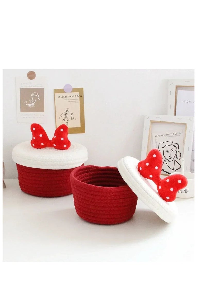 Small Cotton Rope Basket Woven with Fionka on Cover (White * Red)  - Image 2