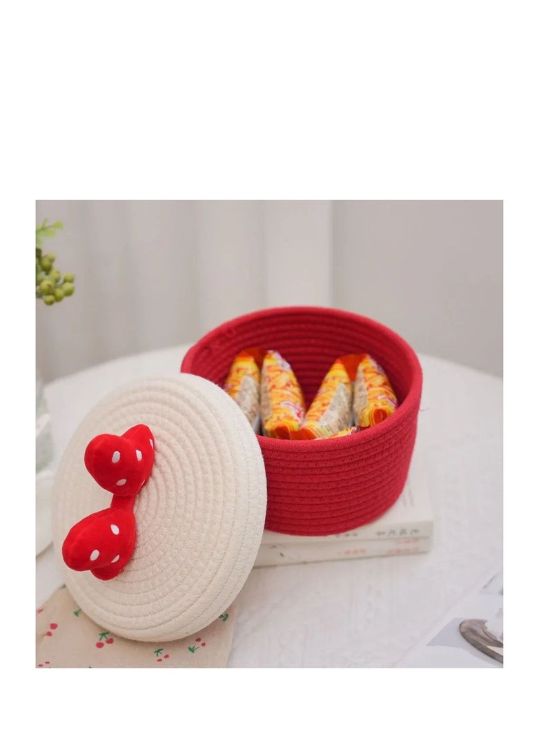 Small Cotton Rope Basket Woven with Fionka on Cover (White * Red)  - Image 3