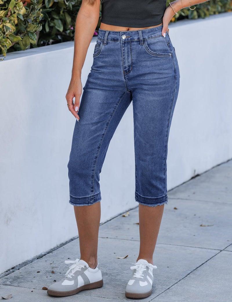 luvamia Straight Leg Jean Capris for Women Womens Distressed Jeans Capri Straight Leg Jeans Classic Blue Medium - Image 4