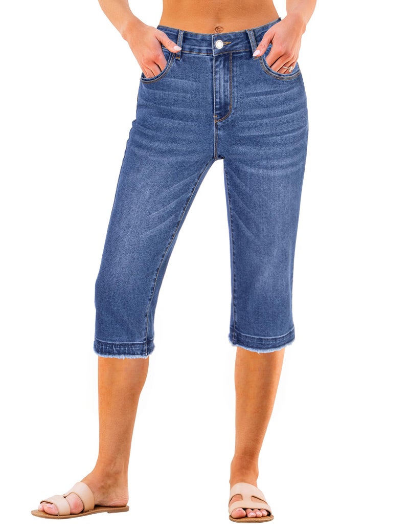 luvamia Straight Leg Jean Capris for Women Womens Distressed Jeans Capri Straight Leg Jeans Classic Blue Medium - Image 1