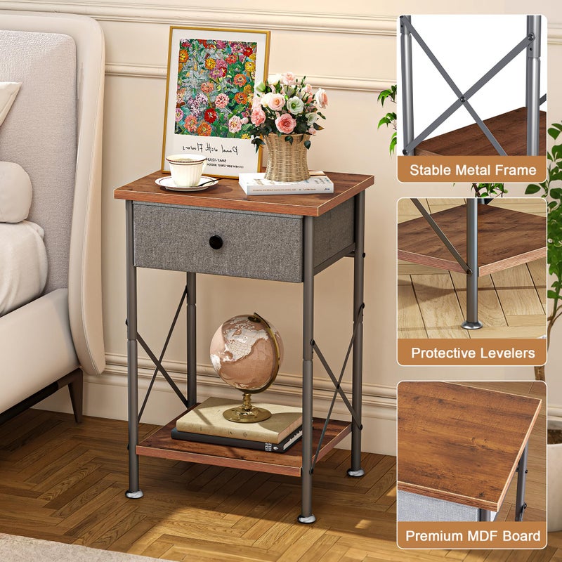 VECELO End Tables, Modern Nightstand with Fabric Drawer & Open Shelf, Night Stand for Bedroom Living Room, Industrial Metal Frame, Easy Assembly, Rustic Brown,2 Pack - Image 3