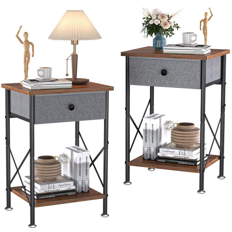 VECELO End Tables, Modern Nightstand with Fabric Drawer & Open Shelf, Night Stand for Bedroom Living Room, Industrial Metal Frame, Easy Assembly, Rustic Brown,2 Pack - Image 1