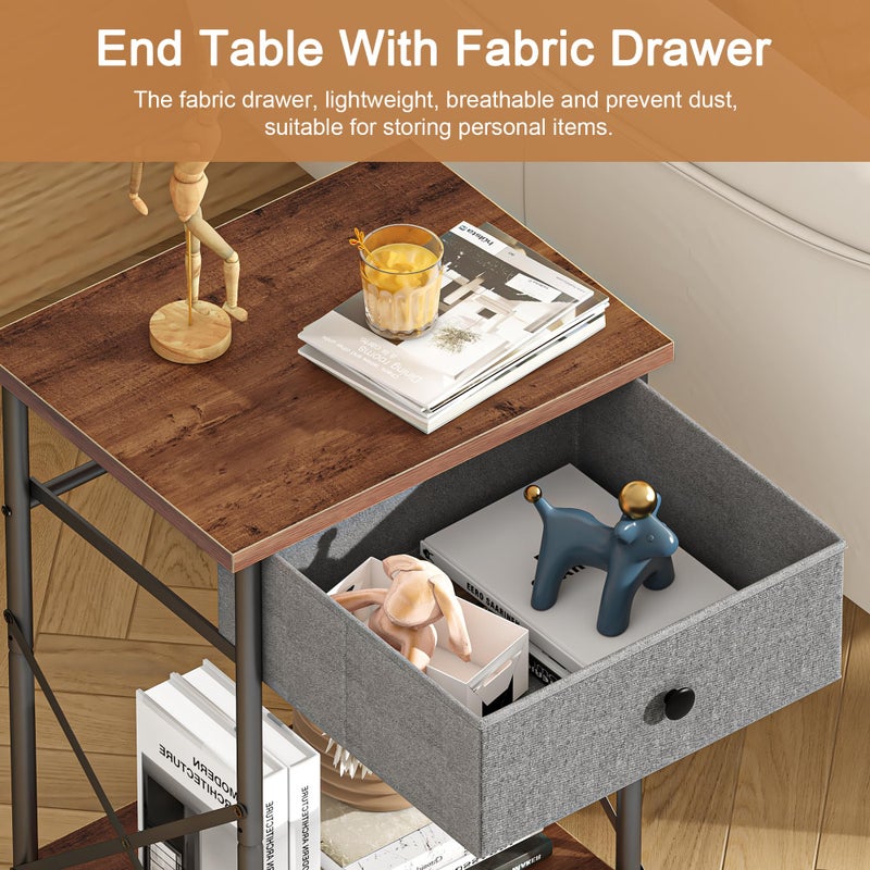 VECELO End Tables, Modern Nightstand with Fabric Drawer & Open Shelf, Night Stand for Bedroom Living Room, Industrial Metal Frame, Easy Assembly, Rustic Brown,2 Pack - Image 4