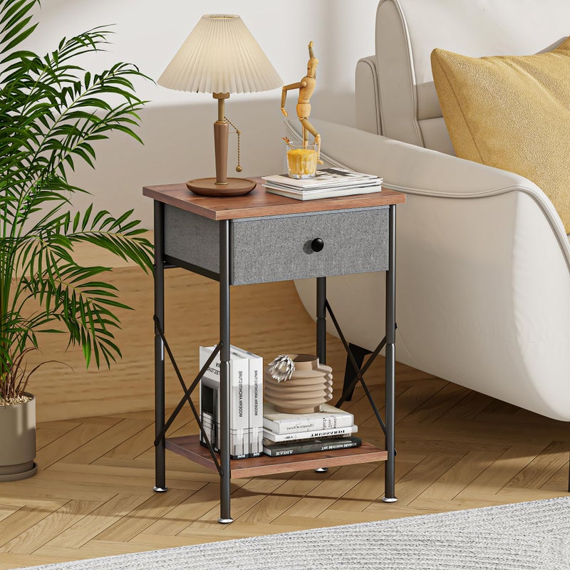 VECELO End Tables, Modern Nightstand with Fabric Drawer & Open Shelf, Night Stand for Bedroom Living Room, Industrial Metal Frame, Easy Assembly, Rustic Brown,2 Pack - Image 2