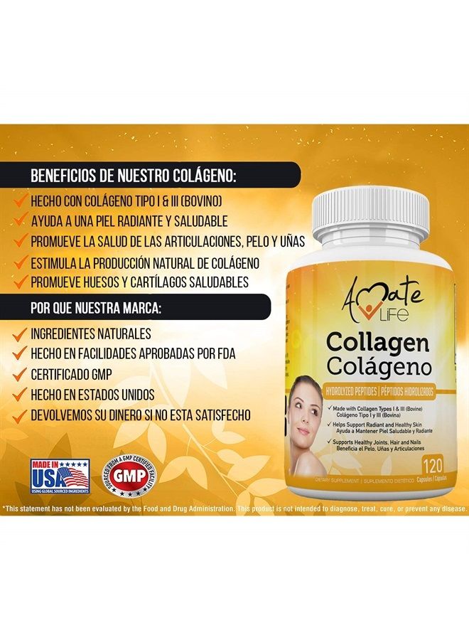 Amate Life Colageno Hidrolizado para Mujer y Hombre– Capsulas Colágeno para Cabello, Piel y Uñas Saludables- Tipo 1 y 3 para Articulaciones Saludables- 120 Capsulas Hecho en USA por - Image 1