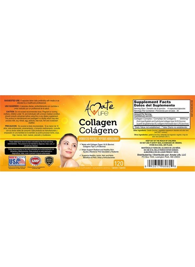 Amate Life Colageno Hidrolizado para Mujer y Hombre– Capsulas Colágeno para Cabello, Piel y Uñas Saludables- Tipo 1 y 3 para Articulaciones Saludables- 120 Capsulas Hecho en USA por - Image 2
