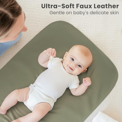 Konssy Faux Leather Baby Changing Mat, Waterproof, Wipeable & Portable Diaper Changing Pad for Travel or Home, Fits Perfectly in Diaper Bag, 30 x 17 inches (Fog Green,Beige) - Image 3