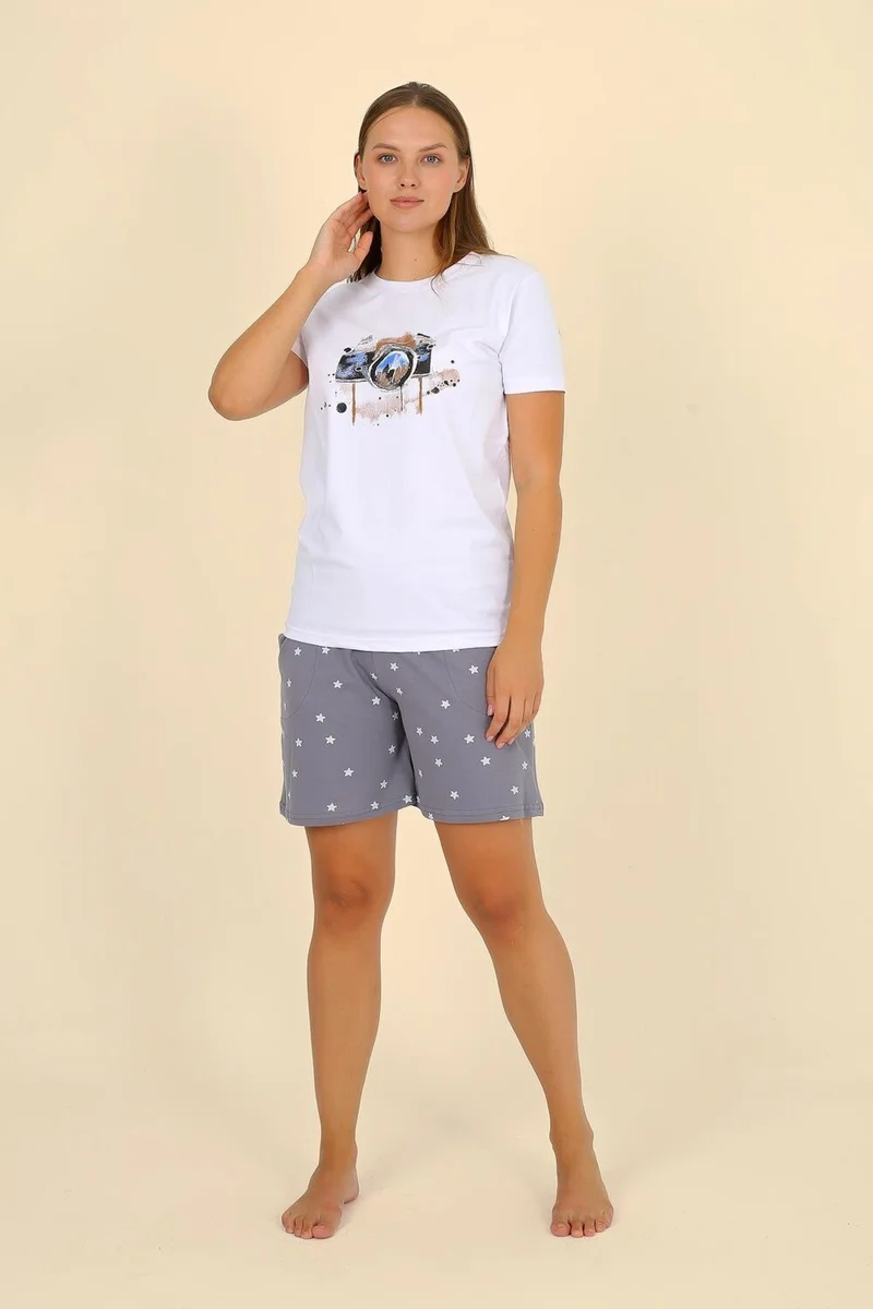 اكبينيز Women's Short Sleeve Combed Cotton Pajama Set White 3622