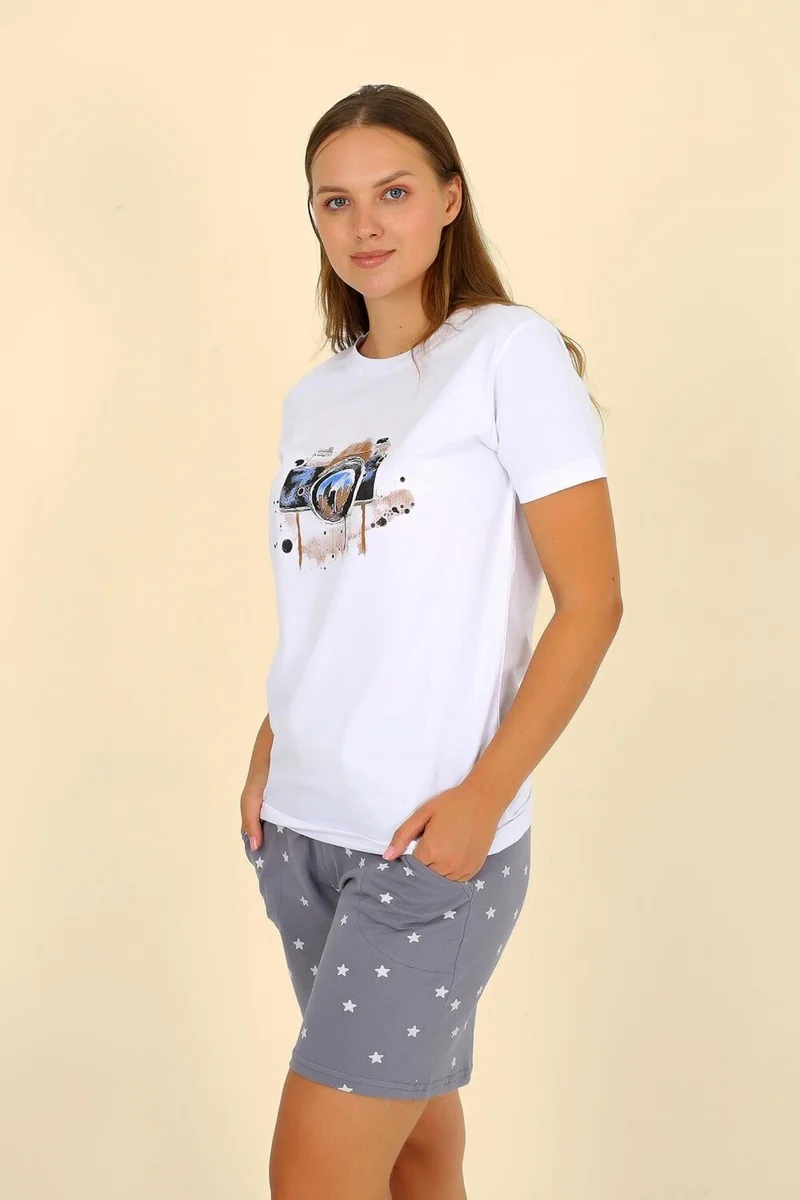 اكبينيز Women's Short Sleeve Combed Cotton Pajama Set White 3622