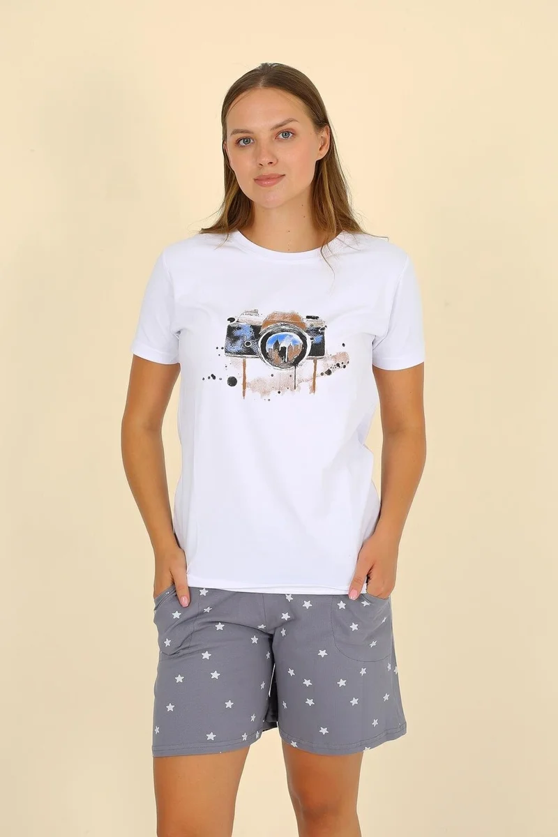 اكبينيز Women's Short Sleeve Combed Cotton Pajama Set White 3622