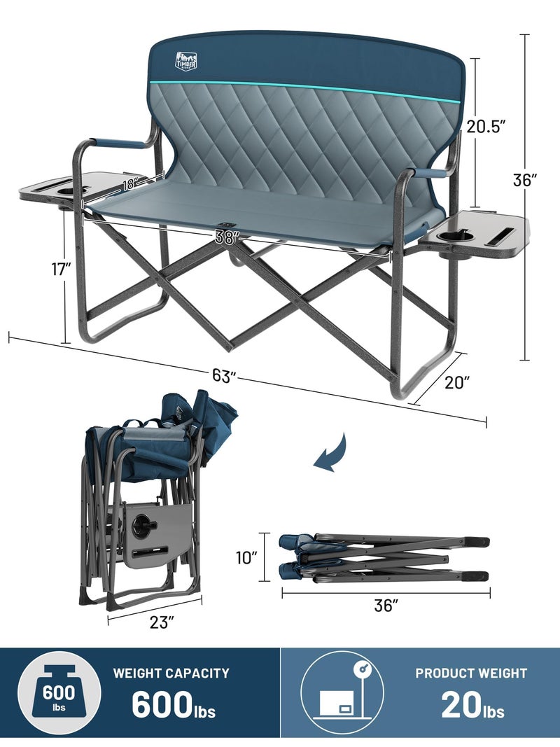TIMBER RIDGE Double Camping Chair Portable Loveseat, Heavy Duty Folding Camp Couch, 2 person Director Chairs with Cup Holder for Outdoor Lawn Tailgates Picnic Sports Soccer Games Supports 600 lbs Blue - Image 5