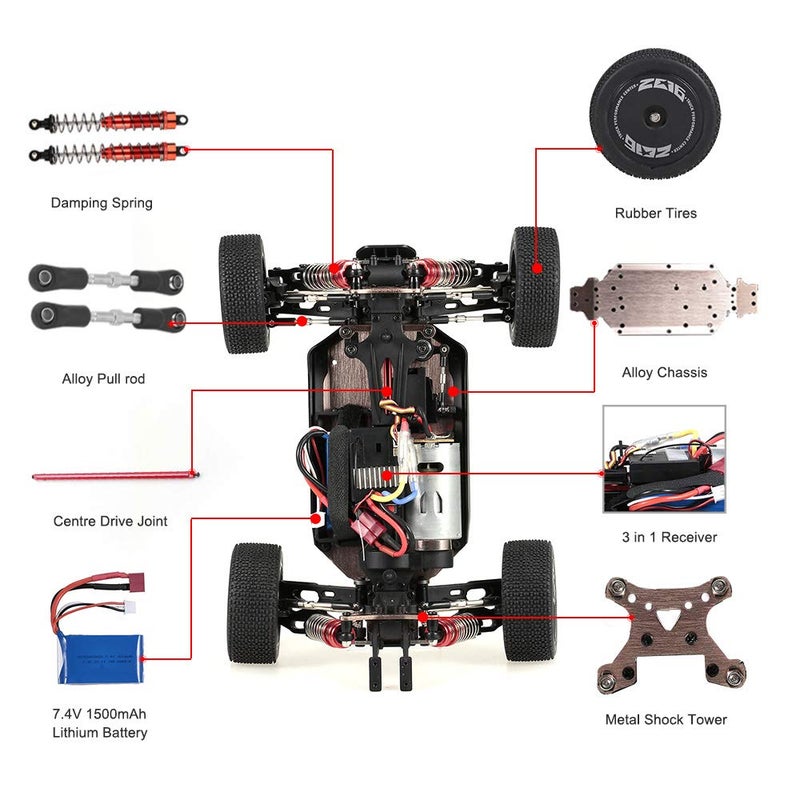 GoolRC سيارة GoolRC WLtoys 144001 RC، 4WD 2.4GHz بسرعة 60 كم/س سيارة تحكم عن بعد عالية السرعة سيارات RC على الطرق الوعرة، 1:14 مقياس RC باجي مع هيكل من سبائك الألمنيوم RTR محرك 550 هدايا للبالغين (أحمر) - Image 4