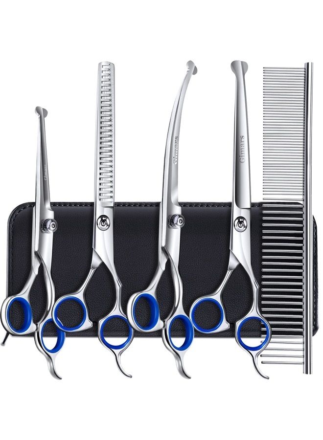 Gimars 6 in 1 Professional 4CR Stainless Steel Grooming Scissors for Dogs with Safety Round Tip, Heavy Duty Titanium Coated Pet Grooming Scissor for Dogs, Cats and Other Animals