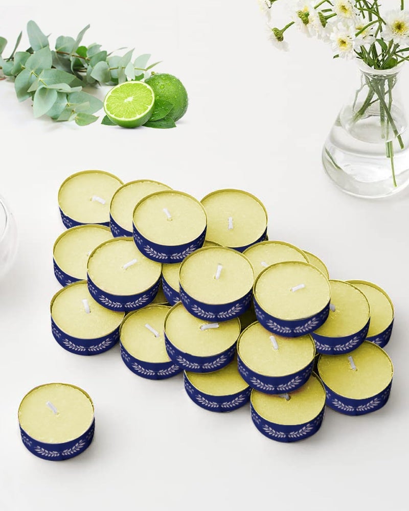 ThinkArtDecor Scented Tealight Candles, Organic Luxury Aroma Upto 4 Hours, Smokeless & Dripless Soy Wax Diya (Pack of 96, Eucalyptus & Kaffir Lime) - Image 1