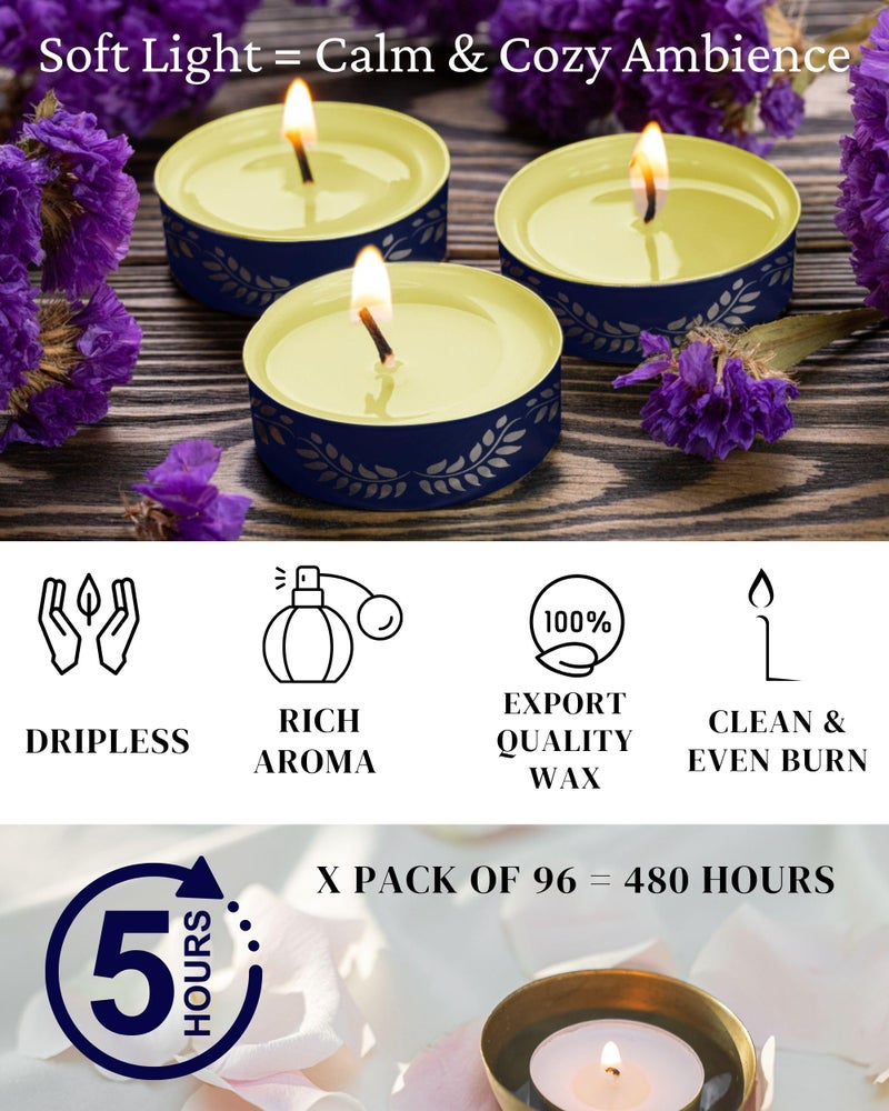 ThinkArtDecor Scented Tealight Candles, Organic Luxury Aroma Upto 4 Hours, Smokeless & Dripless Soy Wax Diya (Pack of 96, Eucalyptus & Kaffir Lime) - Image 5