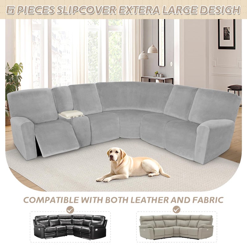 Arfntevss Sectional Recliner Couch Covers Velvet Washable Corner Sectional Sofa Cover for Reclining Couch Stretch Soft Thick L Shape Recliner Slipcover Set (5 Seat with 1 Console Cover, Dove Gray) - Image 3