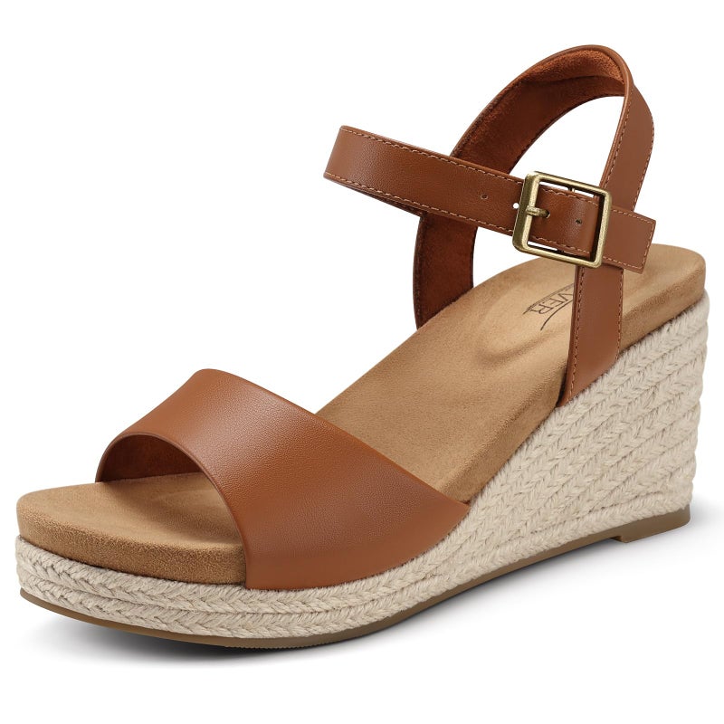 SHIBEVER Women's Wedge Platform Sandals: Espadrille Dressy Comfortable Summer Open Toe Ankle Strap Buckle Women Sandal Brown Size 8 - Image 1