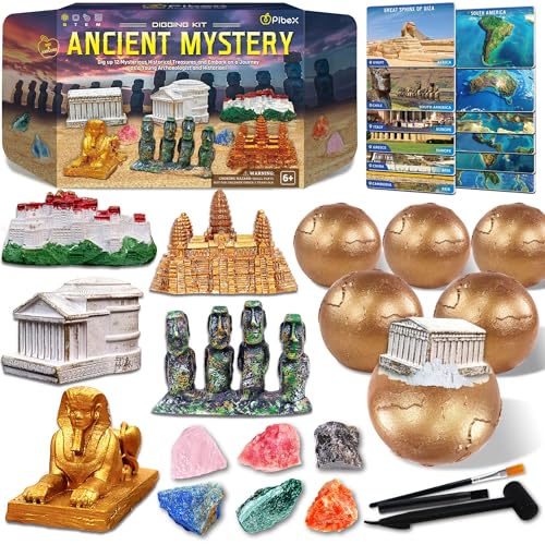 PIBEX Ancient Wonders Dig Kit Excavate 6 Treasure Landmarks Figurines 6 Rocks with History Learning Cards Wonders of The World Toy Archaeology Set STEM Party Favor Gifts for Boys Girls Age 6 - Image 1