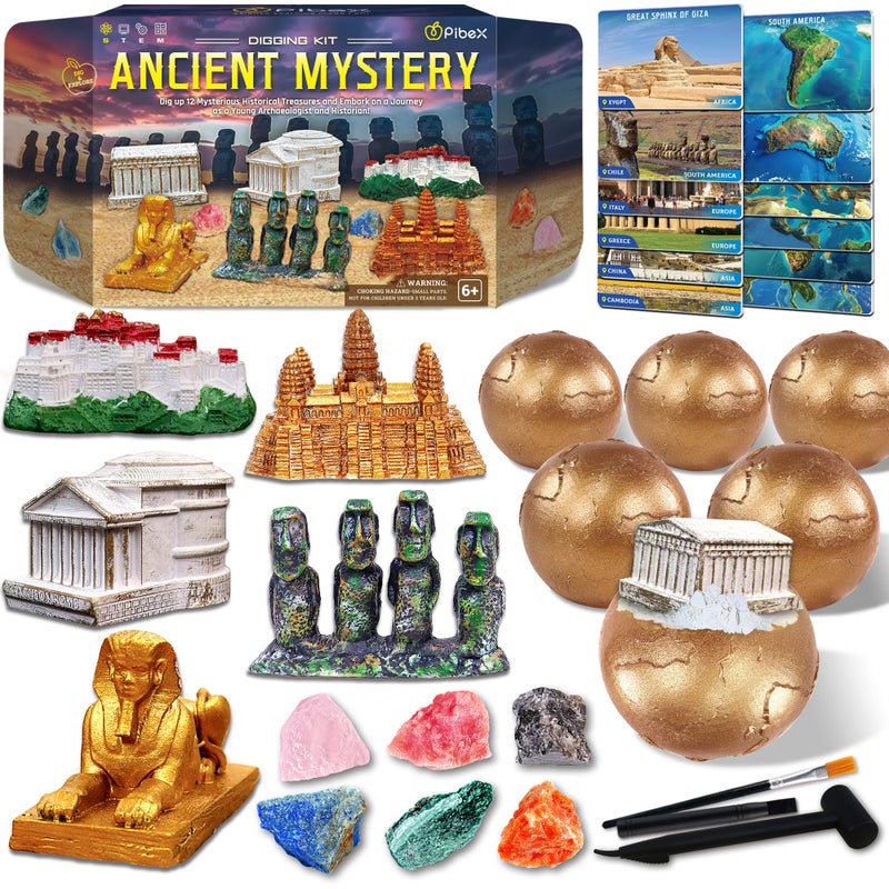 PIBEX Ancient Wonders Dig Kit Excavate 6 Treasure Landmarks Figurines 6 Rocks with History Learning Cards Wonders of The World Toy Archaeology Set STEM Party Favor Gifts for Boys Girls Age 6 - Image 4