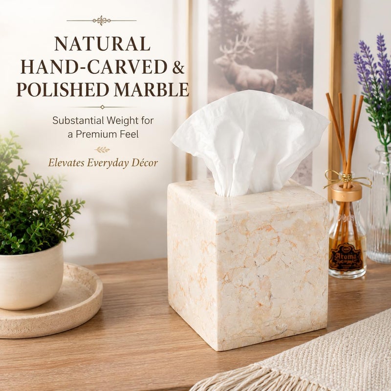 Creative Home Natural Champagne Marble Square Tissue Box Cover Facial Tissue Paper Holder Bathroom Vanity Countertop Organizer for Bedroom Dresser Night Stand End Table, 5.2" x 5.2" x 5.5" H, Beige - Image 2