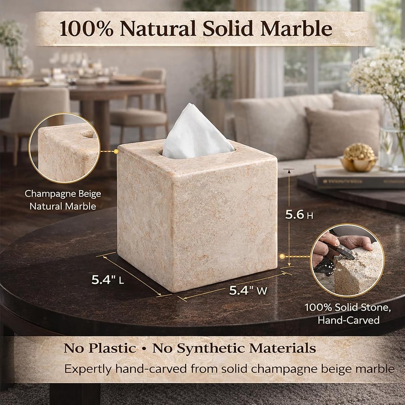 Creative Home Natural Champagne Marble Square Tissue Box Cover Facial Tissue Paper Holder Bathroom Vanity Countertop Organizer for Bedroom Dresser Night Stand End Table, 5.2" x 5.2" x 5.5" H, Beige - Image 3