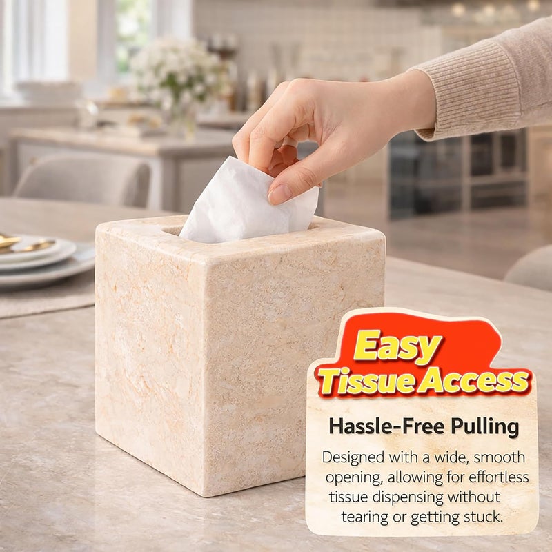 Creative Home Natural Champagne Marble Square Tissue Box Cover Facial Tissue Paper Holder Bathroom Vanity Countertop Organizer for Bedroom Dresser Night Stand End Table, 5.2" x 5.2" x 5.5" H, Beige - Image 5