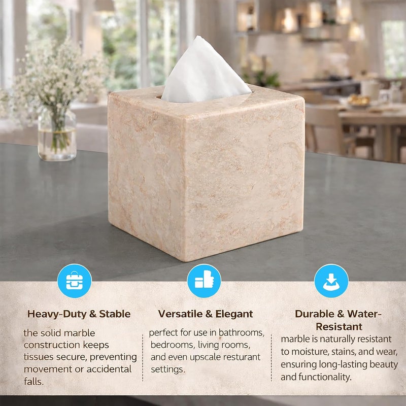 Creative Home Natural Champagne Marble Square Tissue Box Cover Facial Tissue Paper Holder Bathroom Vanity Countertop Organizer for Bedroom Dresser Night Stand End Table, 5.2" x 5.2" x 5.5" H, Beige - Image 4