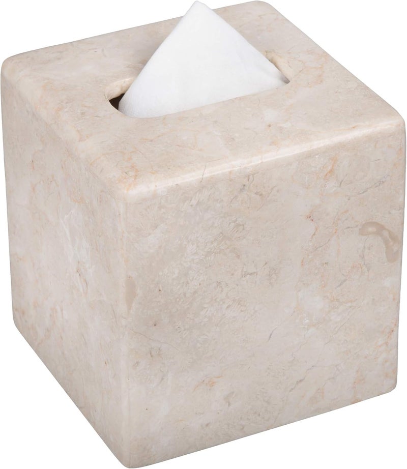Creative Home Natural Champagne Marble Square Tissue Box Cover Facial Tissue Paper Holder Bathroom Vanity Countertop Organizer for Bedroom Dresser Night Stand End Table, 5.2" x 5.2" x 5.5" H, Beige - Image 1