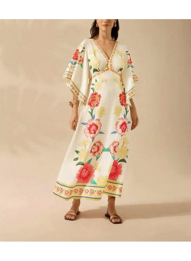 V-Neck Printed Long Dress – Loose Fit, Flared Hem