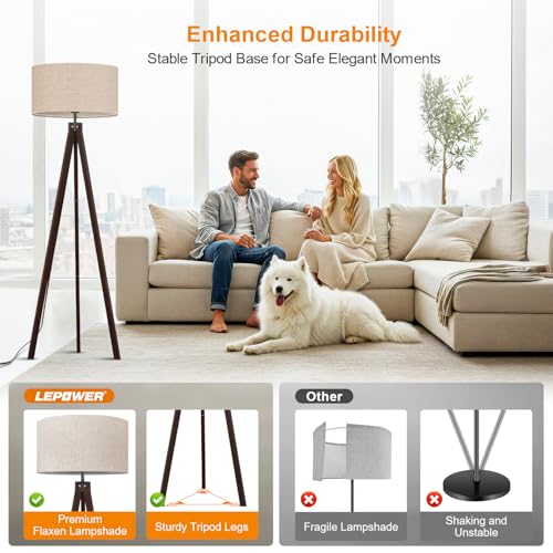 LEPOWER Wood Tripod Floor Lamp, Mid Century Standing Lamp, Modern Design Studying Light for Living Room, Bedroom, Study Room and Office, Flaxen Lamp Shade with E26 Base Walnut - Image 3