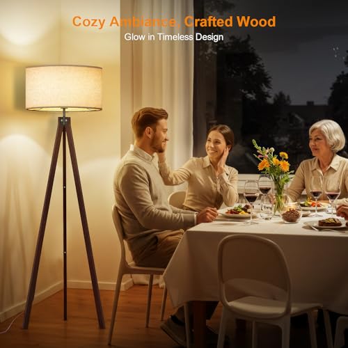 LEPOWER Wood Tripod Floor Lamp, Mid Century Standing Lamp, Modern Design Studying Light for Living Room, Bedroom, Study Room and Office, Flaxen Lamp Shade with E26 Base Walnut - Image 2