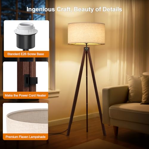 LEPOWER Wood Tripod Floor Lamp, Mid Century Standing Lamp, Modern Design Studying Light for Living Room, Bedroom, Study Room and Office, Flaxen Lamp Shade with E26 Base Walnut - Image 4