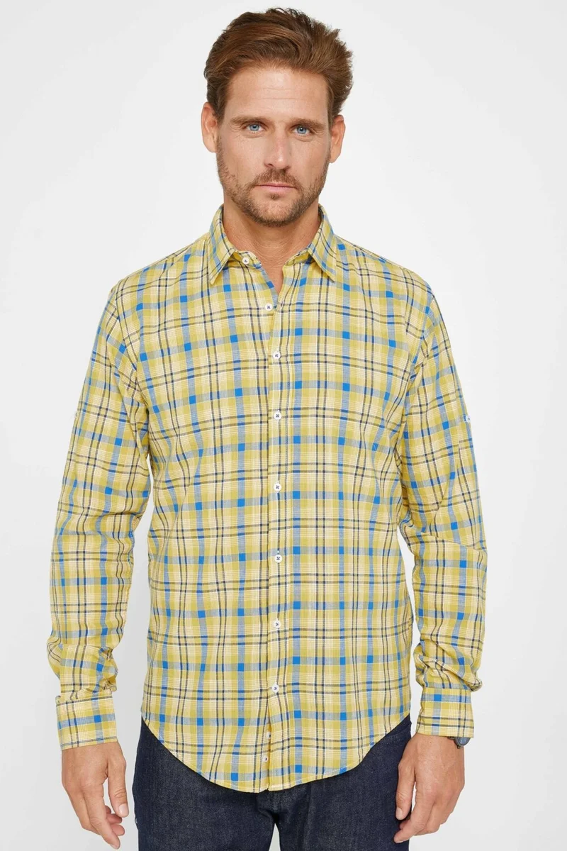 تودورس Men's Slim Fit Long Sleeve Slim Fit Checked Linen Texture Summer Shirt