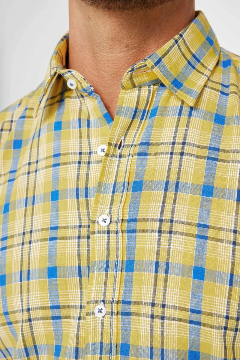 تودورس Men's Slim Fit Long Sleeve Slim Fit Checked Linen Texture Summer Shirt