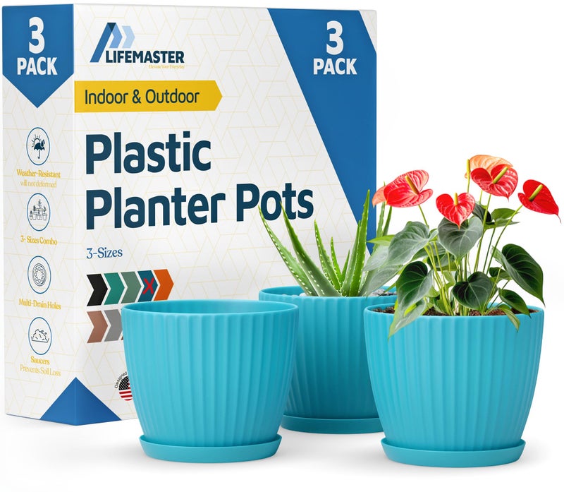 LifeMaster Blue 6-Inch Plant Pots with Drainage & Saucers 3 Pack, Indoor & Outdoor Planters for Houseplants, Herbs, and Flowers, Durable & Weatherproof Material, Stackable, Lightweight, Minimalist Design - Image 1