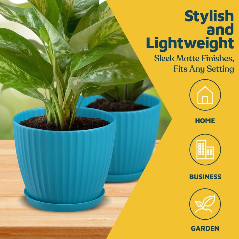 LifeMaster Blue 6-Inch Plant Pots with Drainage & Saucers 3 Pack, Indoor & Outdoor Planters for Houseplants, Herbs, and Flowers, Durable & Weatherproof Material, Stackable, Lightweight, Minimalist Design - Image 3