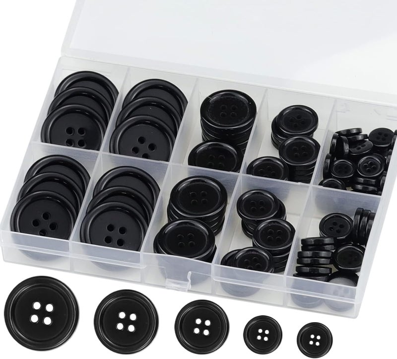 OIFILLIO 100 Pcs Black Resin Sewing Buttons, 4-Hole Craft Suit Coat Shirt Buttons, 5 Sizes, Round Mixed, with Compartment Storage Box, Suitable for Sewing, DIY and Holiday Decoration - Image 1