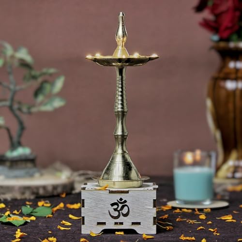SolarBasket Brass Akhand Solar Diya for Puja,Temple,Home Decoration 5 Bati(Vat) Battery Operated Light Samai Gifting Diva for Pooja,LED Wicks Jyoti Aarti Deepak (Pack of 1), Golden - Image 1