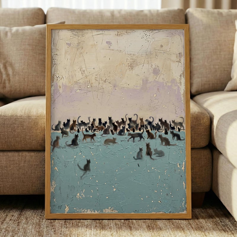 TNESSENTIAL Abstract Cat Silhouette Print – Faux Texture Blue Sea Painting, Modern Coastal Wall Art, Impasto Style Poster, Minimalist Pet Decor - Image 5