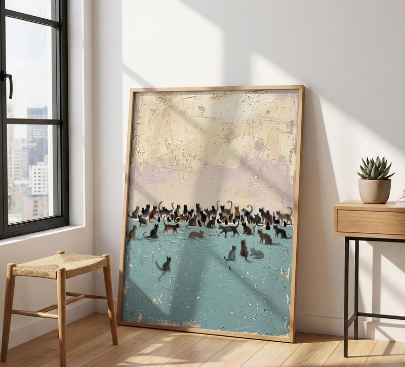 TNESSENTIAL Abstract Cat Silhouette Print – Faux Texture Blue Sea Painting, Modern Coastal Wall Art, Impasto Style Poster, Minimalist Pet Decor - Image 1